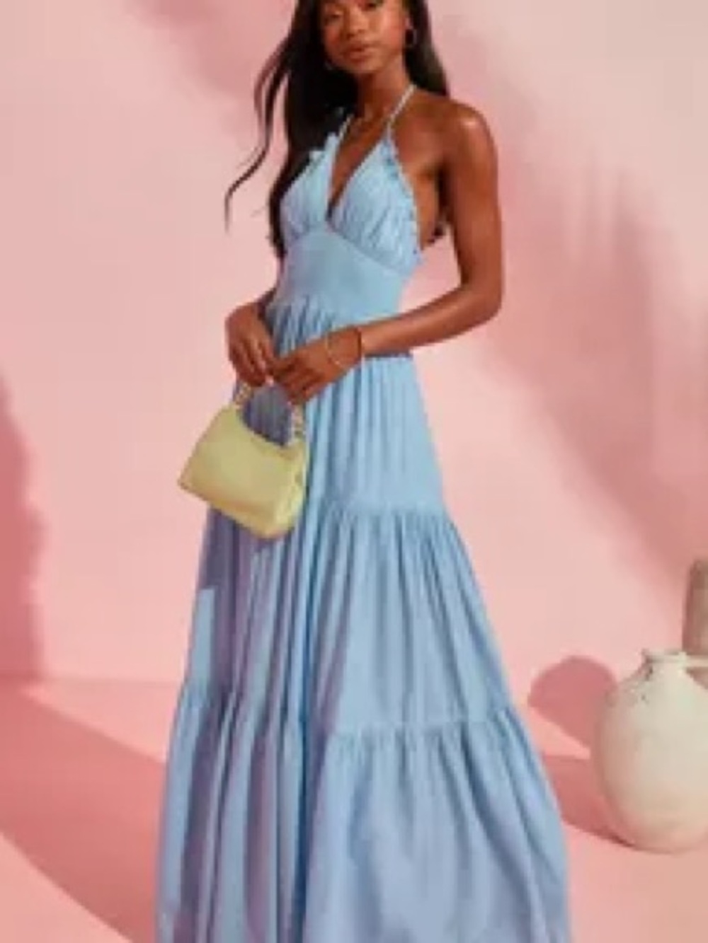 Vici Sky Blue Halter Tiered Maxi Dress